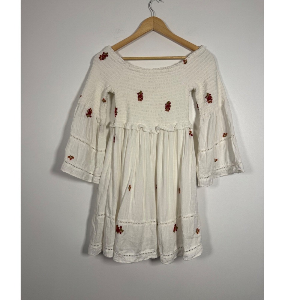 Whimsy Boho Free People XS Mini Dress Floral Embroidered Smocked Bell Sleeve
